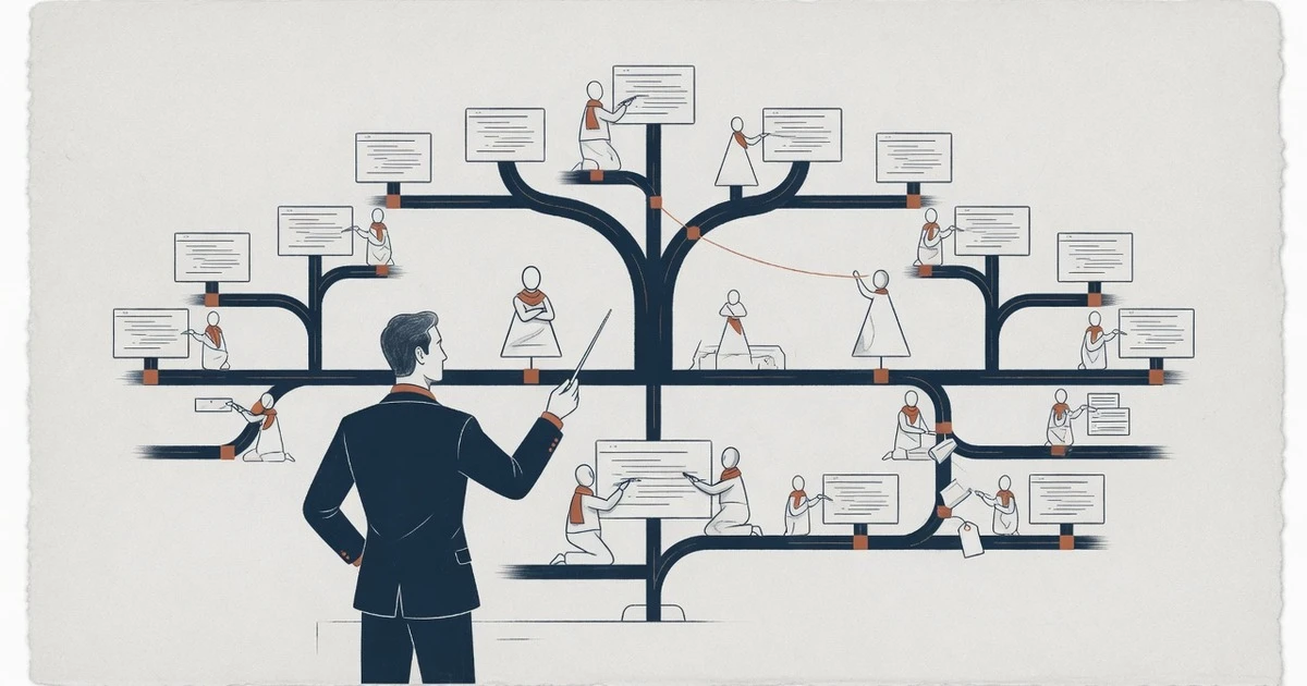 Ilustración: un director de orquesta dirige un árbol de branches de git poblado de agentes trabajando en pull requests
