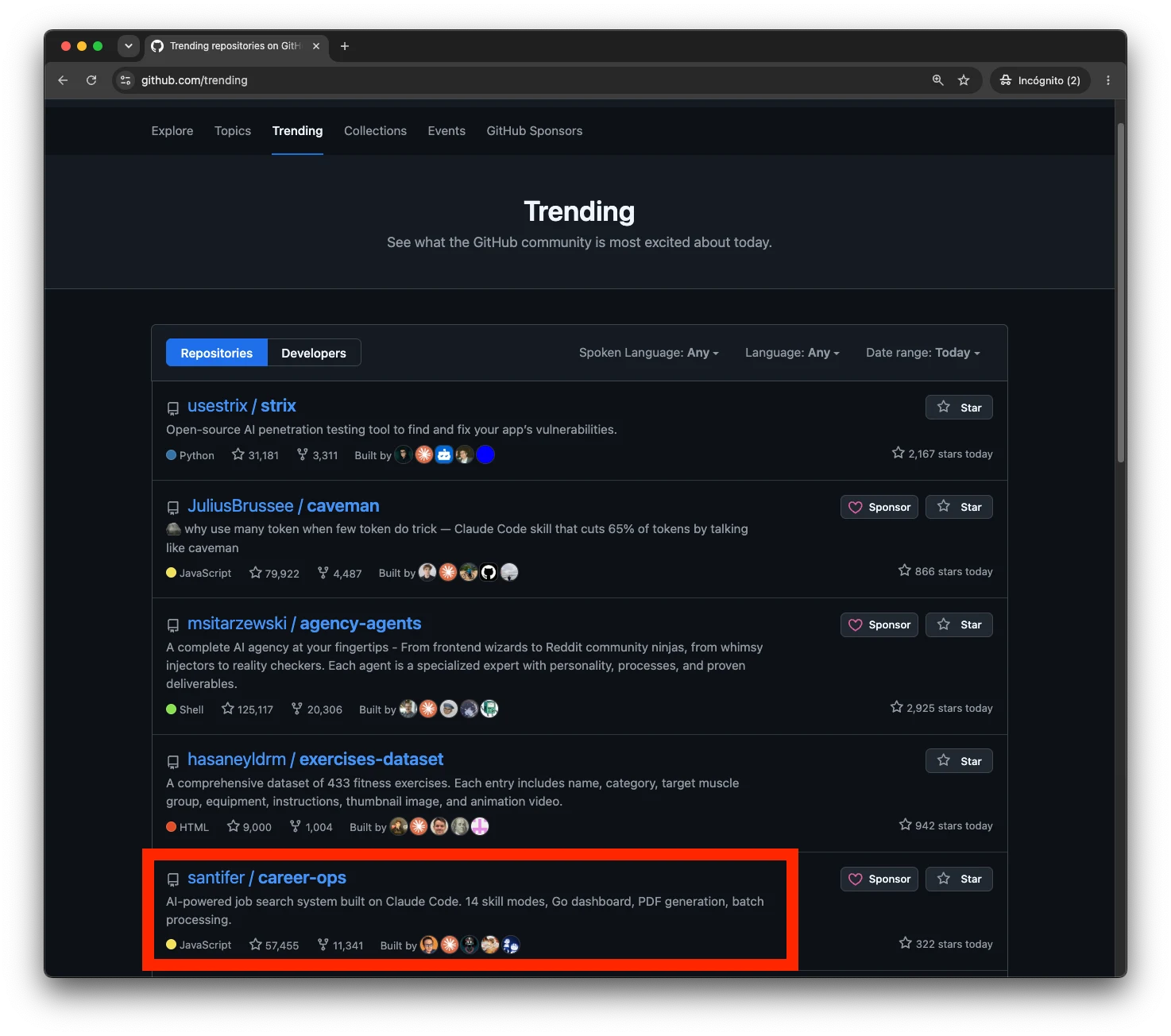 Captura de github.com/trending del 2 de julio de 2026: career-ops en la posición #5 overall con 57,455 estrellas y 322 estrellas ese día
