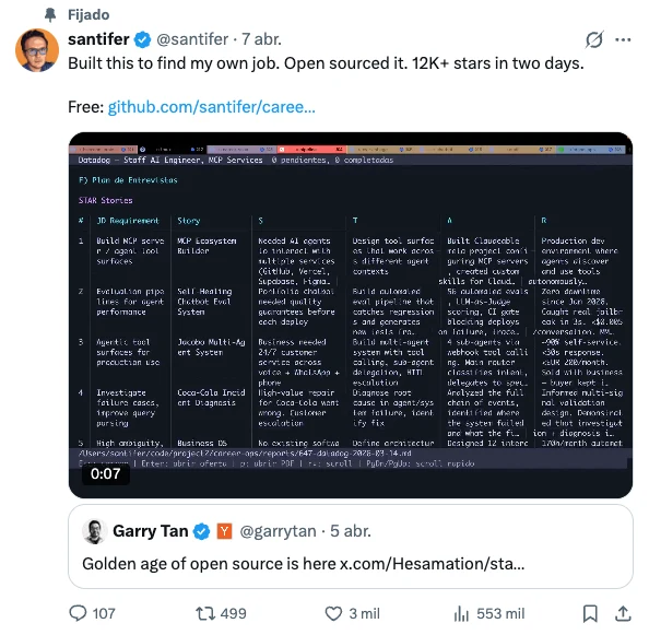 Tweet fijado de @santifer: "Built this to find my own job. Open sourced it. 12K+ stars in two days." — citando a Garry Tan ("Golden age of open source is here"), con 553K visualizaciones