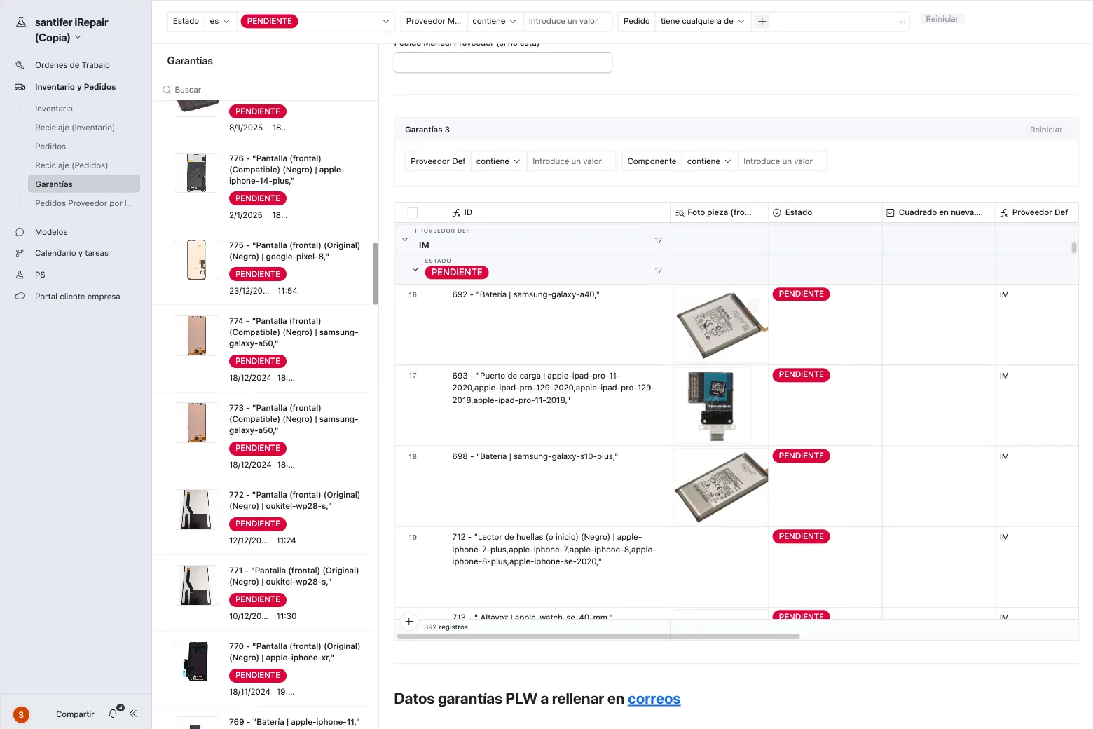 Interfaz Airtable de garantías
