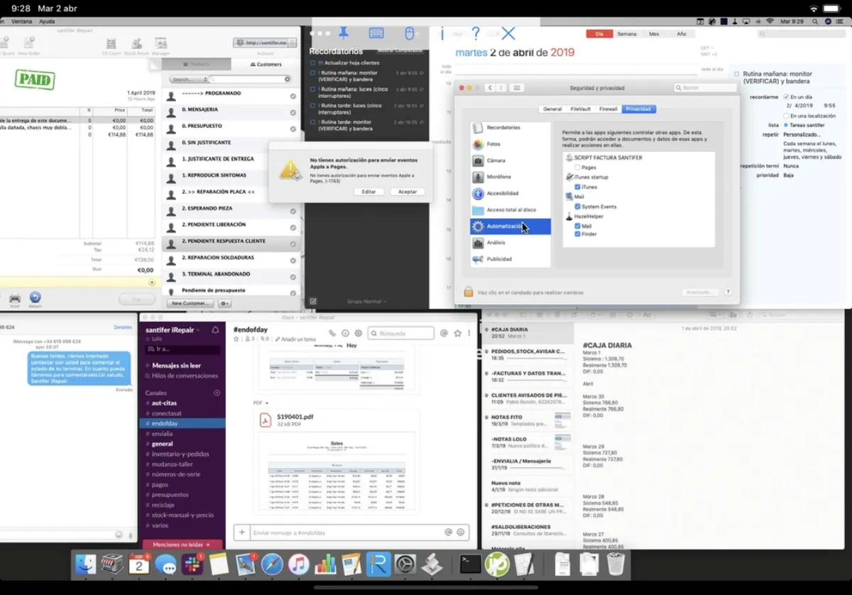 Checkout POS, Slack, scripts de facturación y recordatorios — todo abierto a la vez