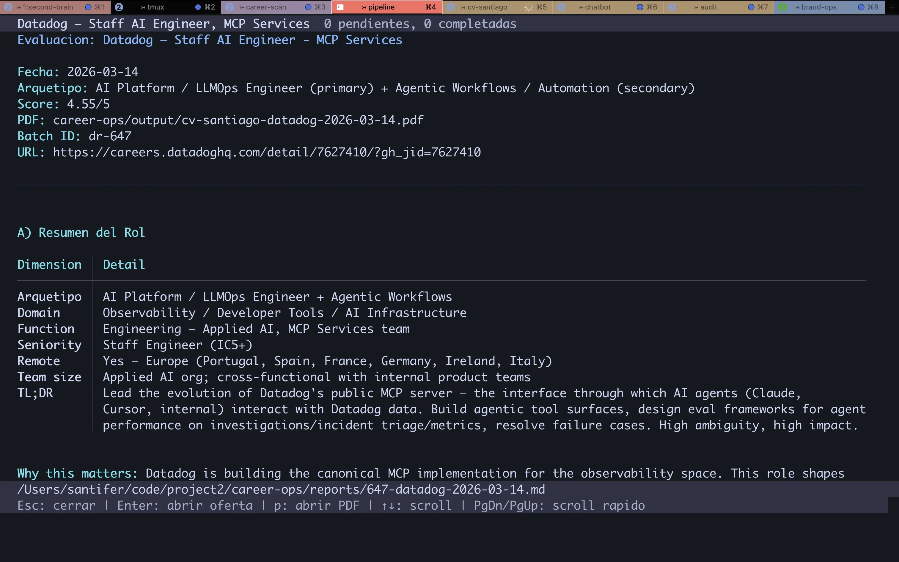 Real evaluation: Datadog Staff AI Engineer, MCP Services — Score 4.55/5, archetype AI Platform + Agentic Workflows, role summary with 7 dimensions