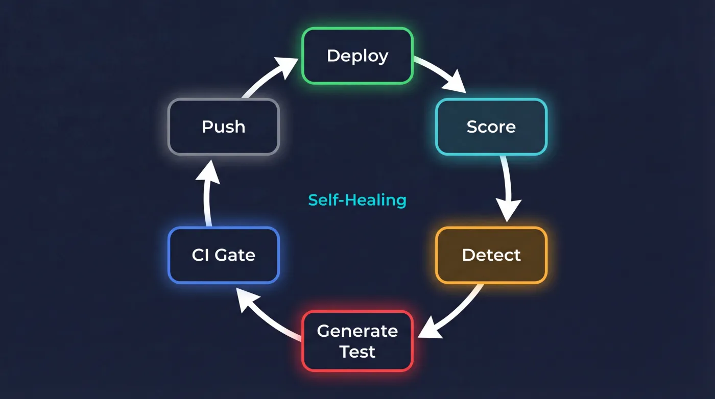 Closed-loop: Deploy → Score → Detect → Generate Test → CI Gate → Push → Deploy