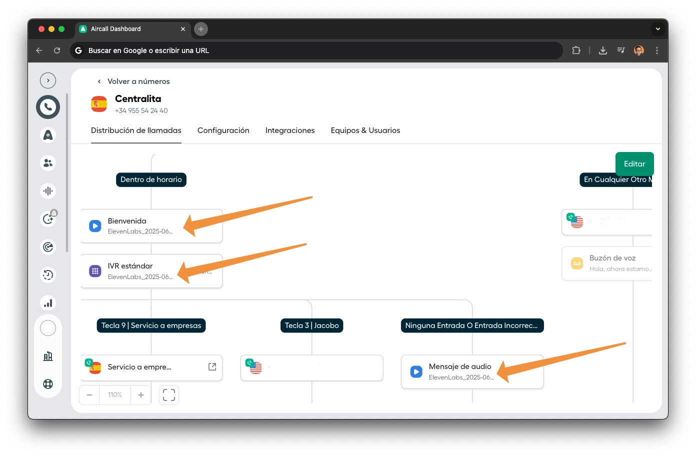 Detalle de Aircall: audios de bienvenida e IVR generados con ElevenLabs con la voz de Jacobo