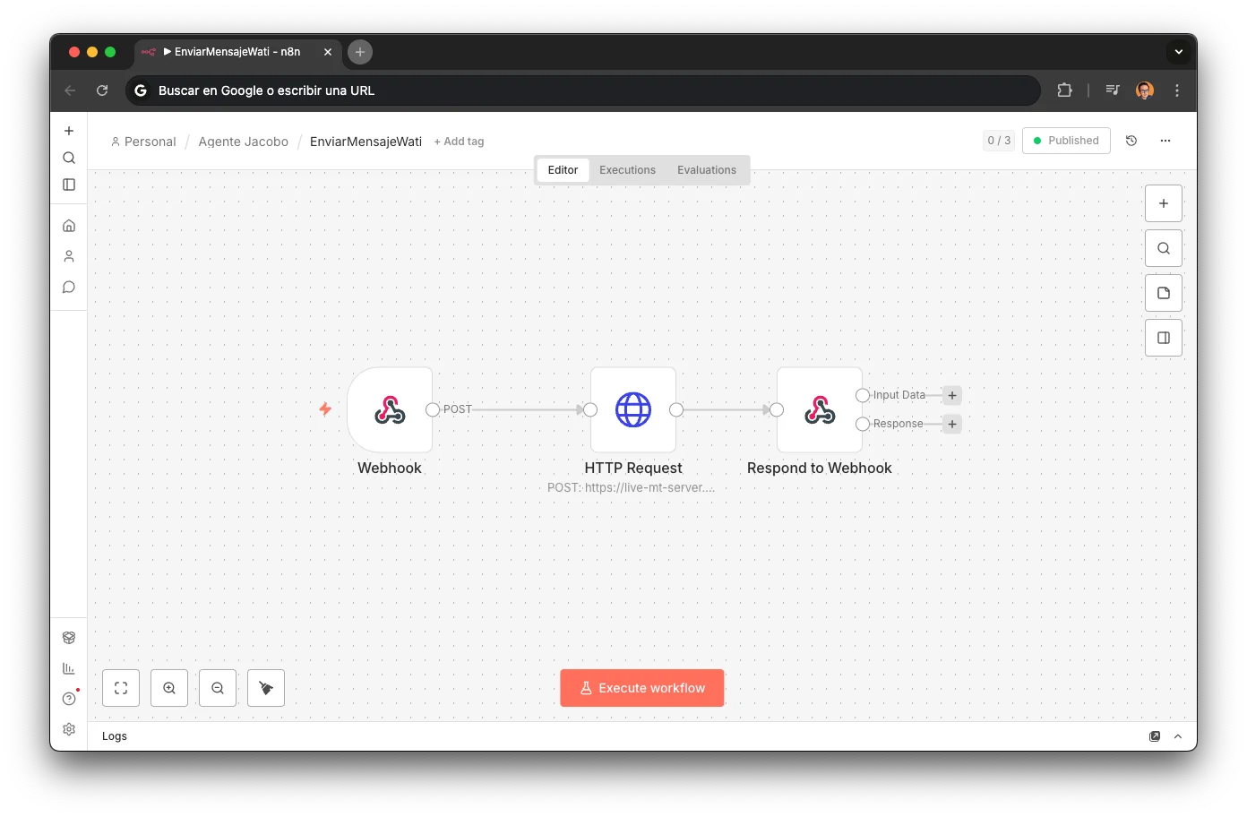 Workflow de EnviarMensajeWati en n8n