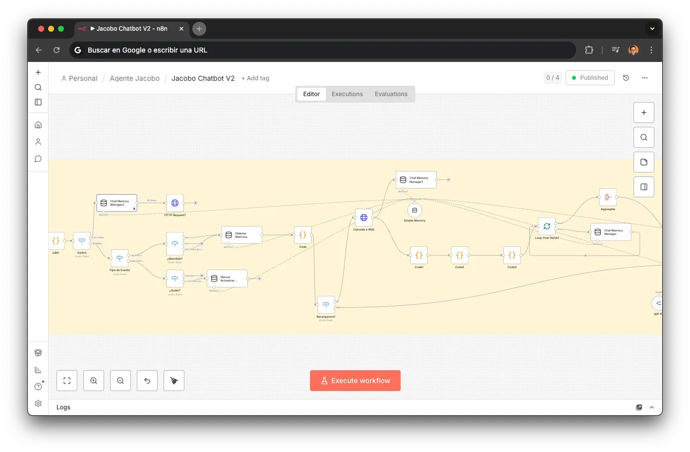 Workflow de memoria conversacional de Jacobo en n8n