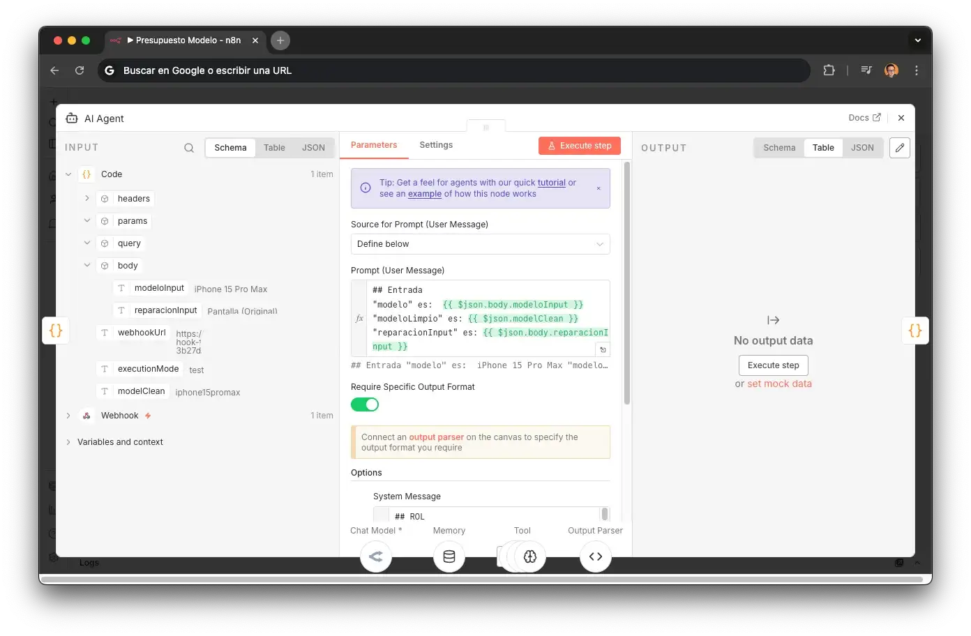 Nodo AI Agent del sub-agente de presupuestos en n8n
