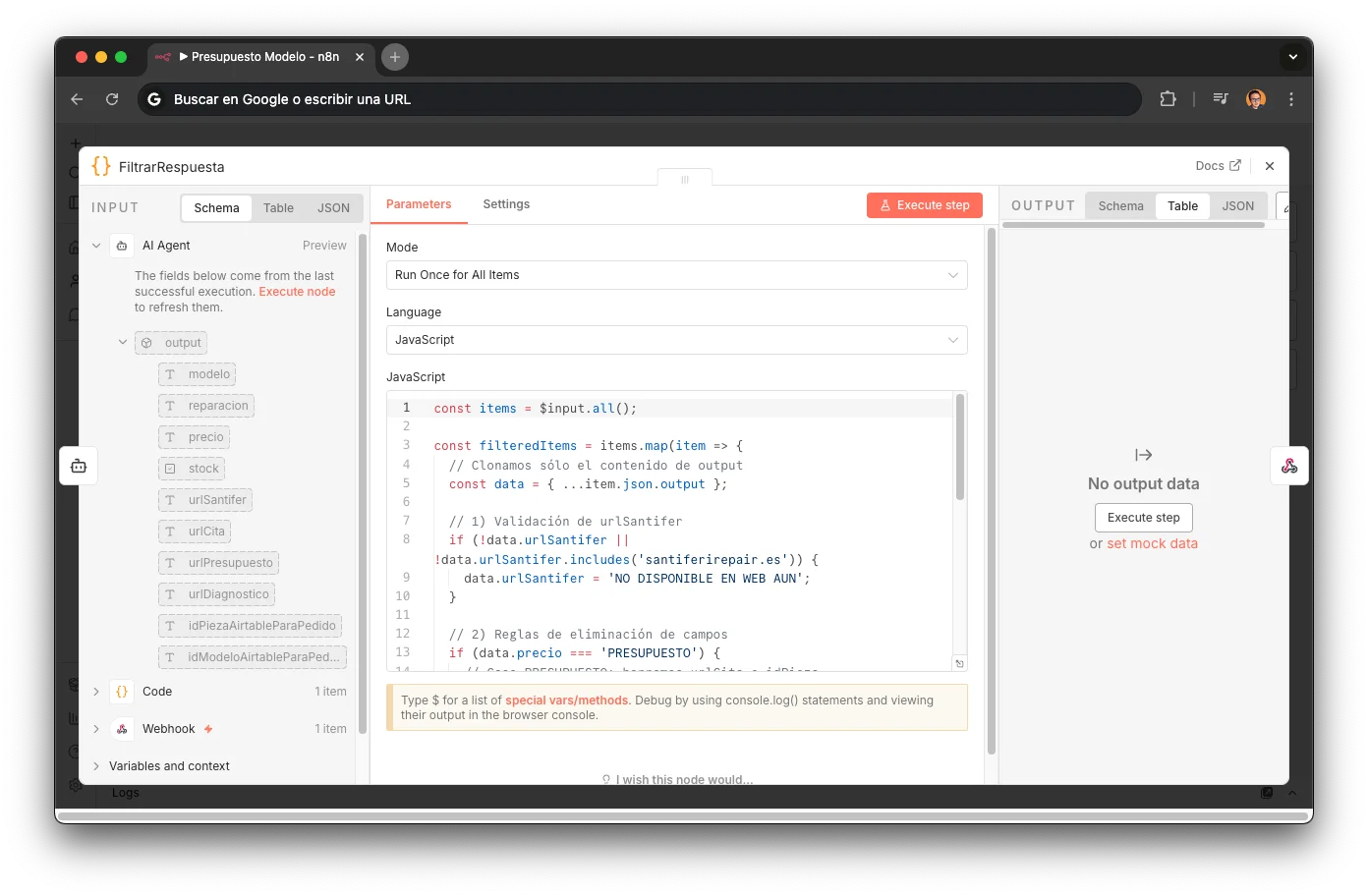 Nodo FiltrarRespuesta en n8n: post-procesado determinista