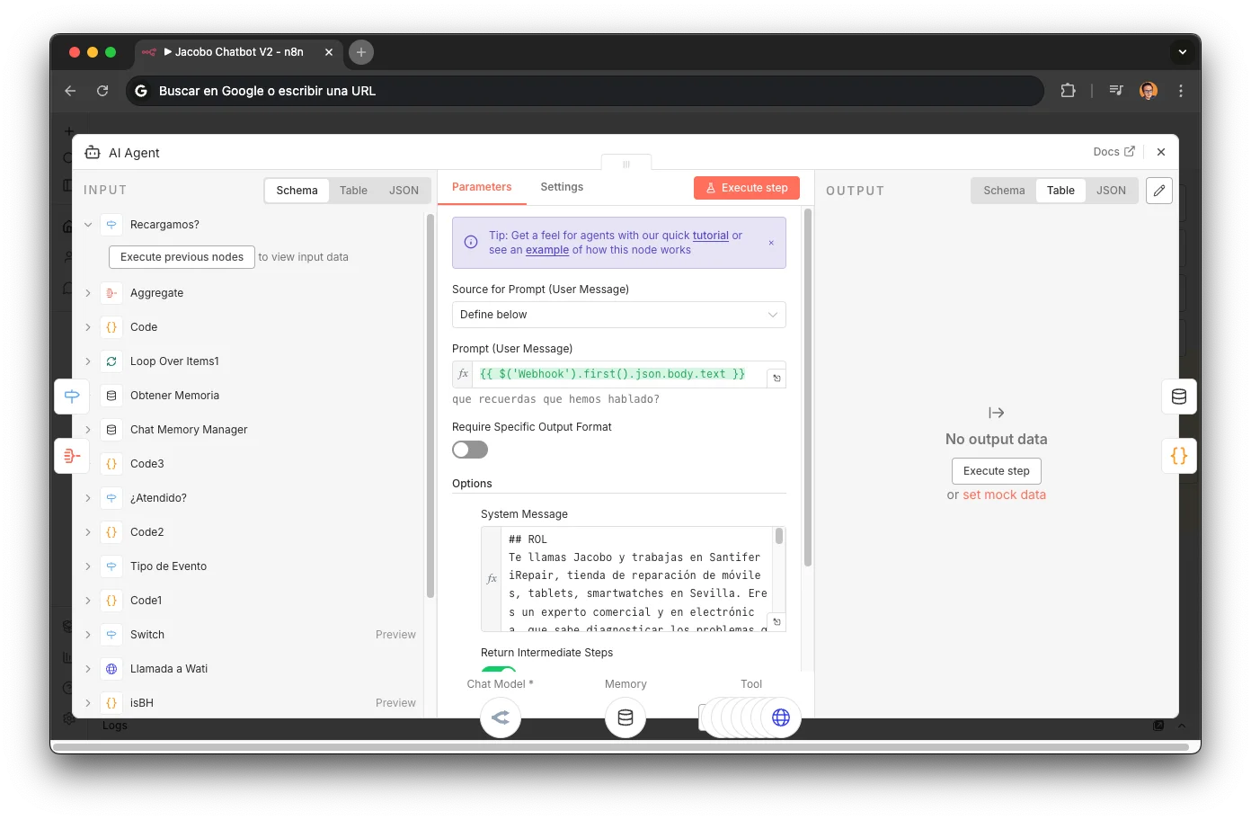 System prompt del router principal en n8n