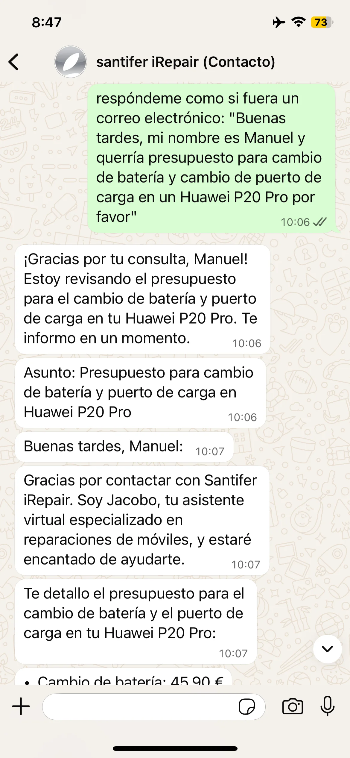 Jacobo responde como email formal: asunto, saludo, presupuesto Huawei P20 Pro