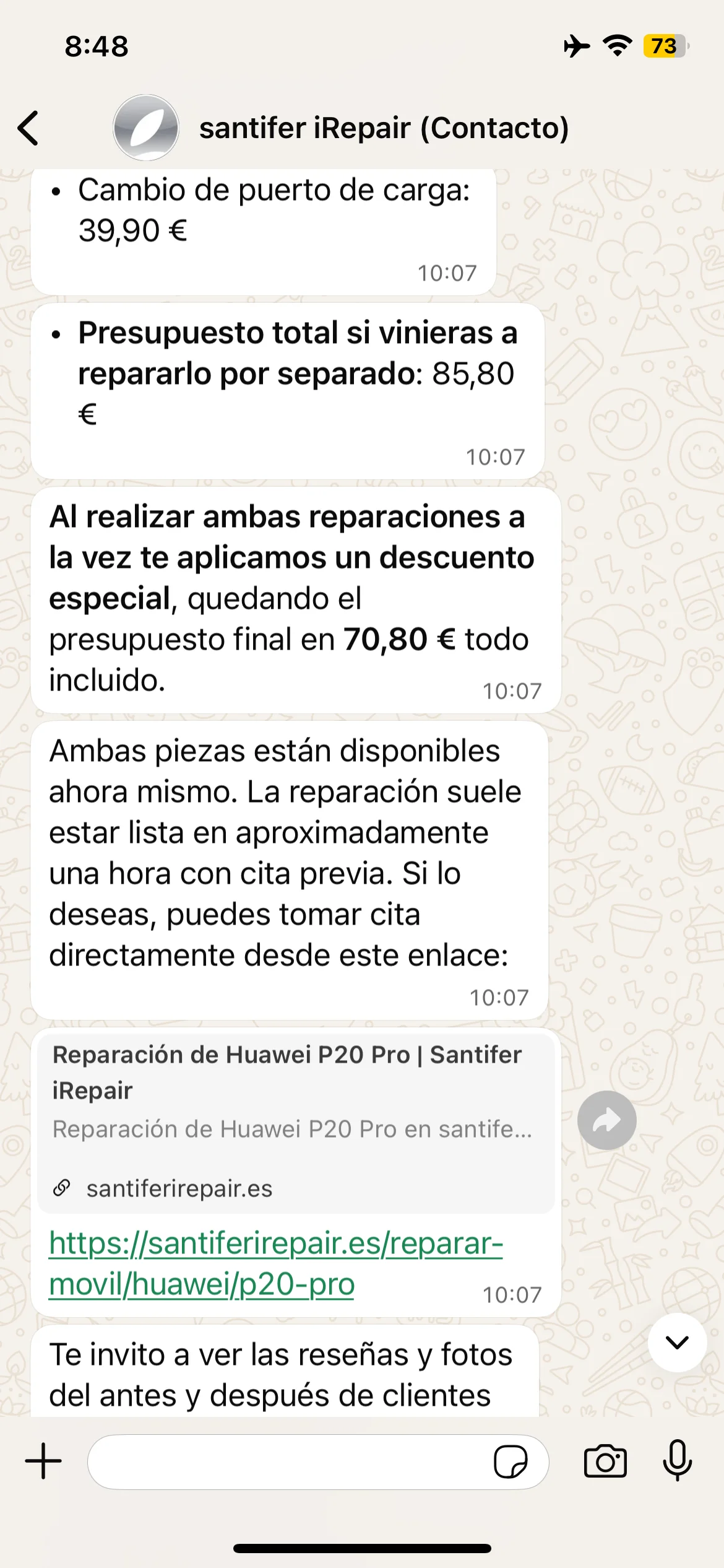 Email: desglose batería + puerto carga = 85,80€ → descuento combo 70,80€