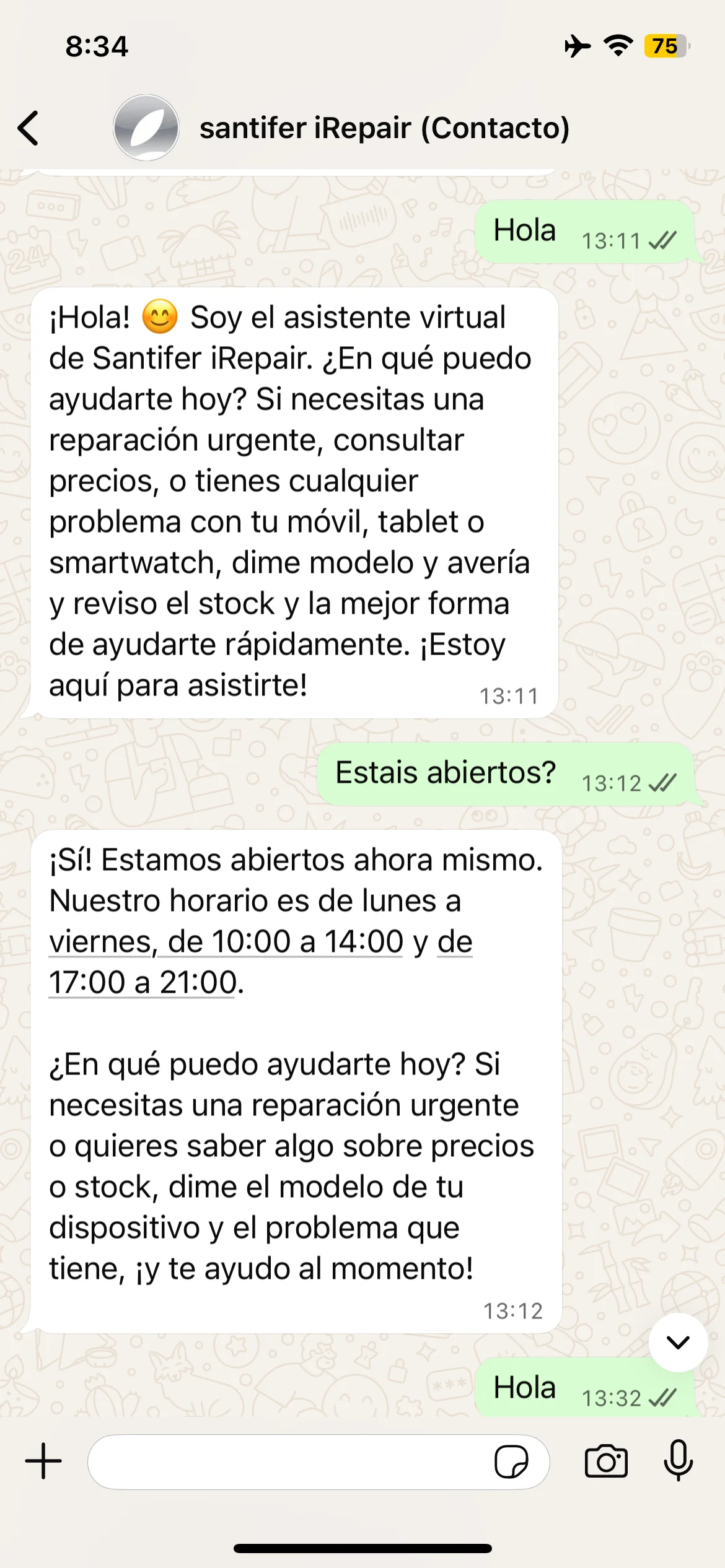 "¿Estáis abiertos?" a las 13:12 → "¡Sí! Estamos abiertos ahora mismo"