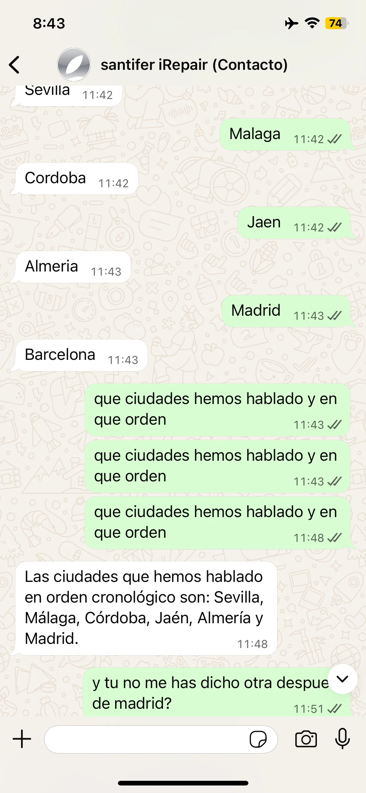 Test de ciudades: Sevilla, Madrid, Barcelona — recuerdo correcto