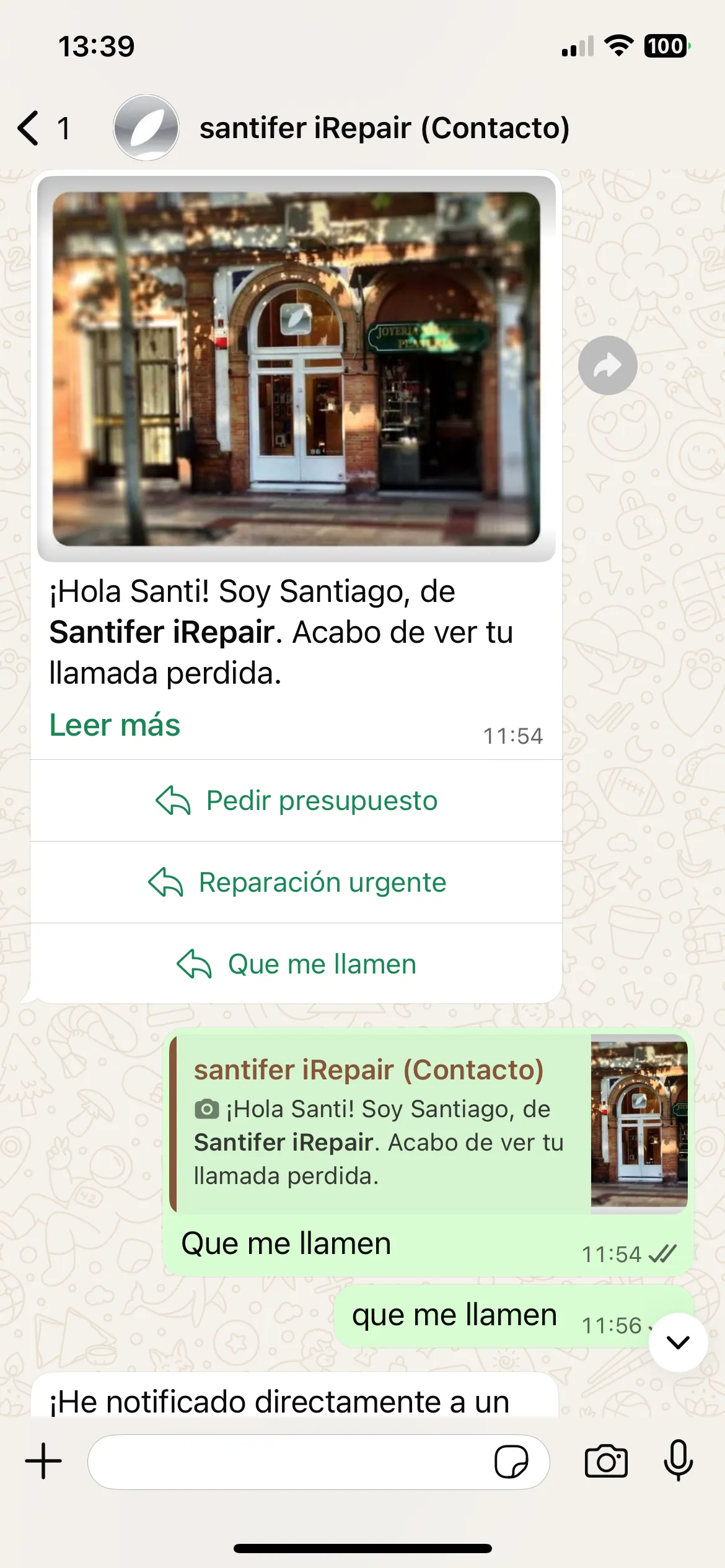 Template de WhatsApp tras llamada perdida: botones Pedir presupuesto, Tomar cita