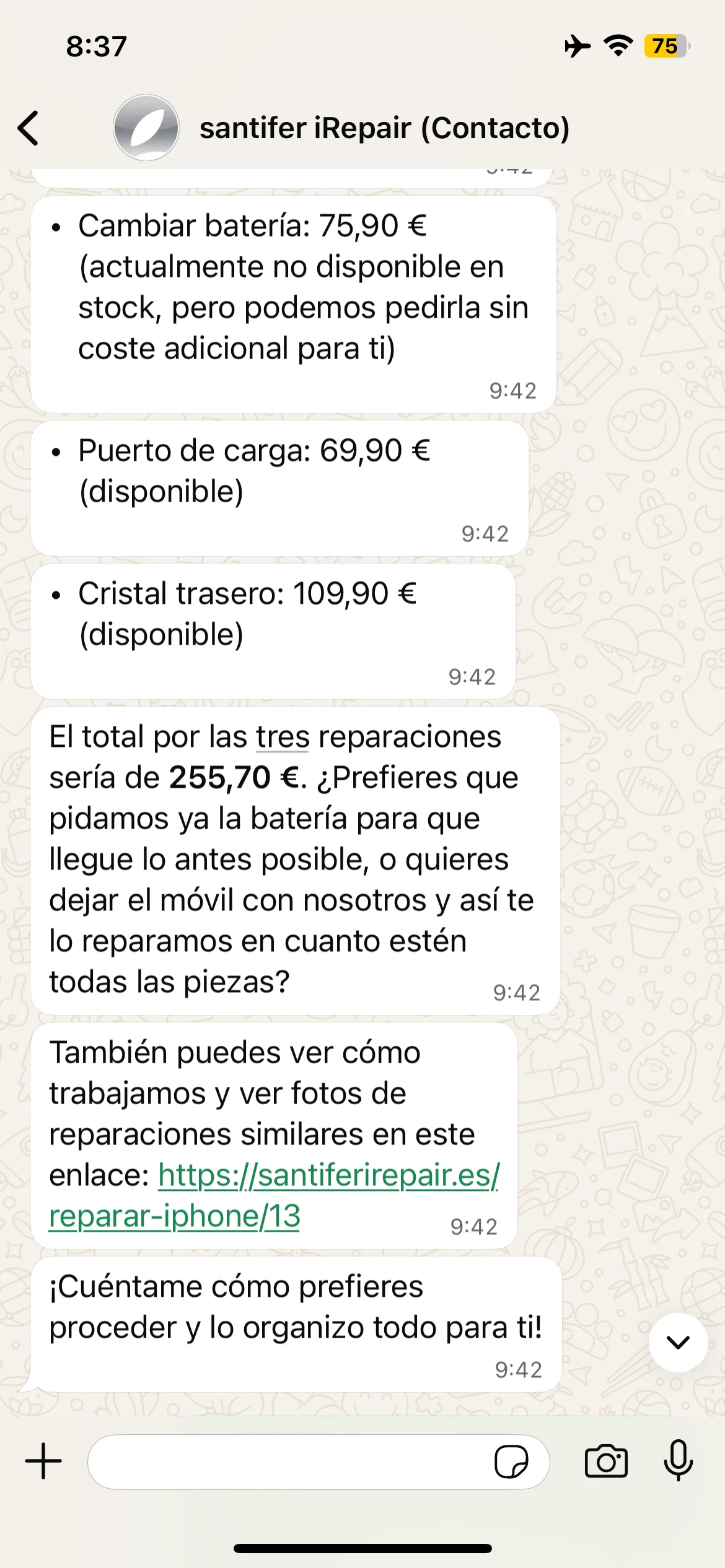 Presupuesto desglosado: 3 reparaciones con total 255,70€ con estado de stock