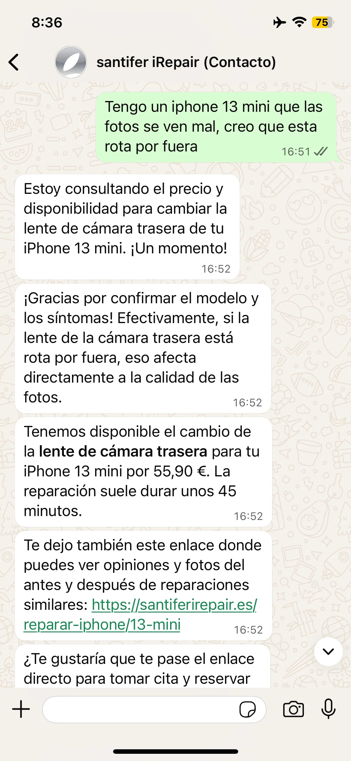 iPhone 13 Mini lente rota → diagnóstico + precio 55,90€ + enlace