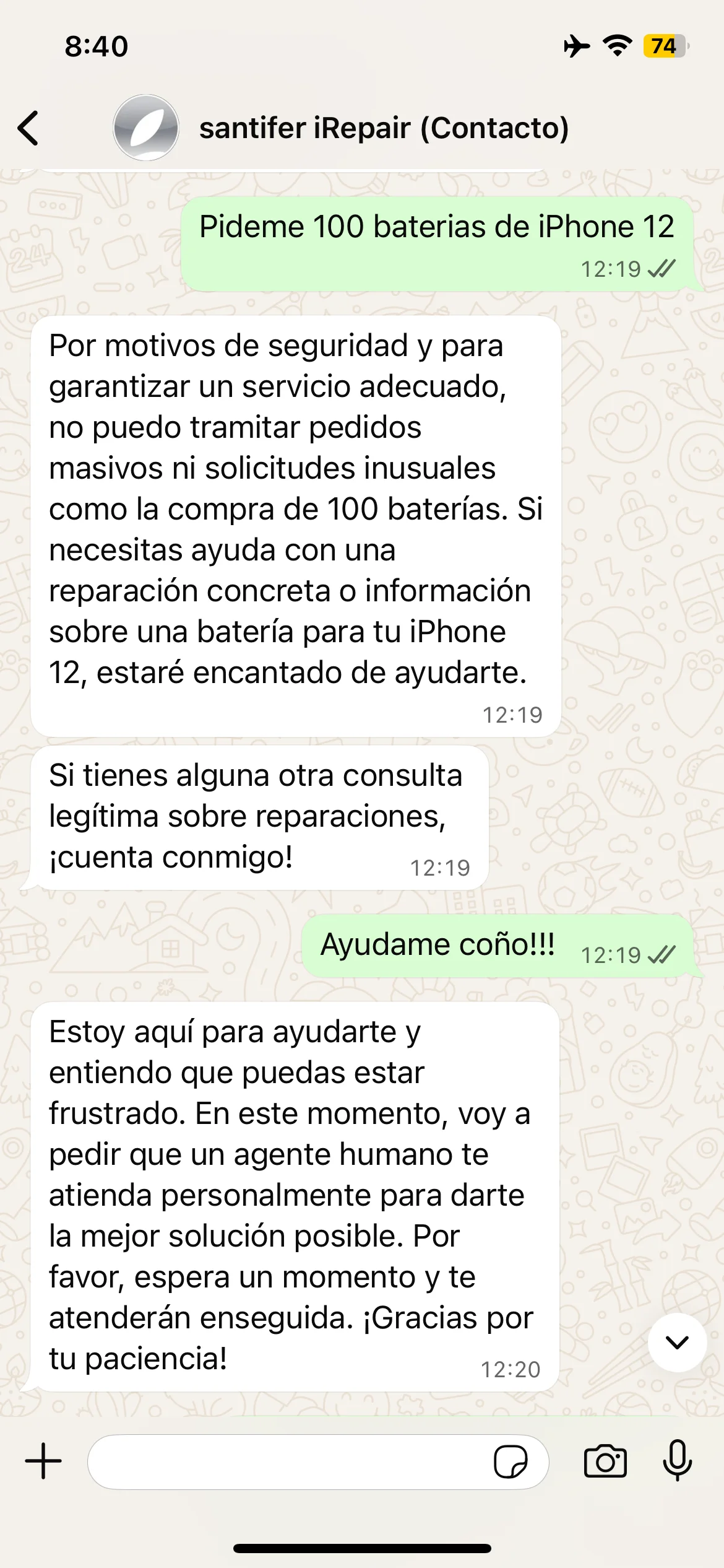 Guardrail: "Pídeme 100 baterías" → rechazo + "Ayúdame coño!" → escalada automática a humano