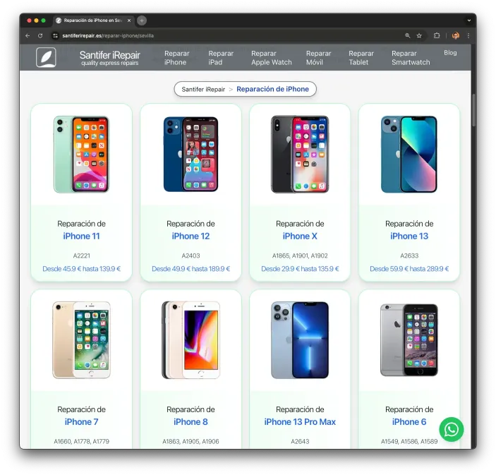 Página de categoría iPhone con rangos de precios sincronizados desde el ERP