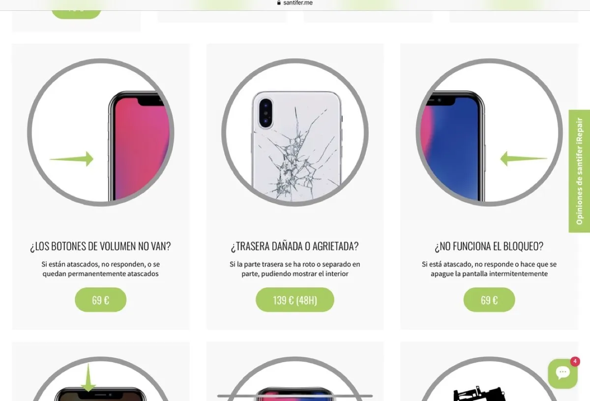 Página de reparación en Squarespace: iconos genéricos y precios sin estructura