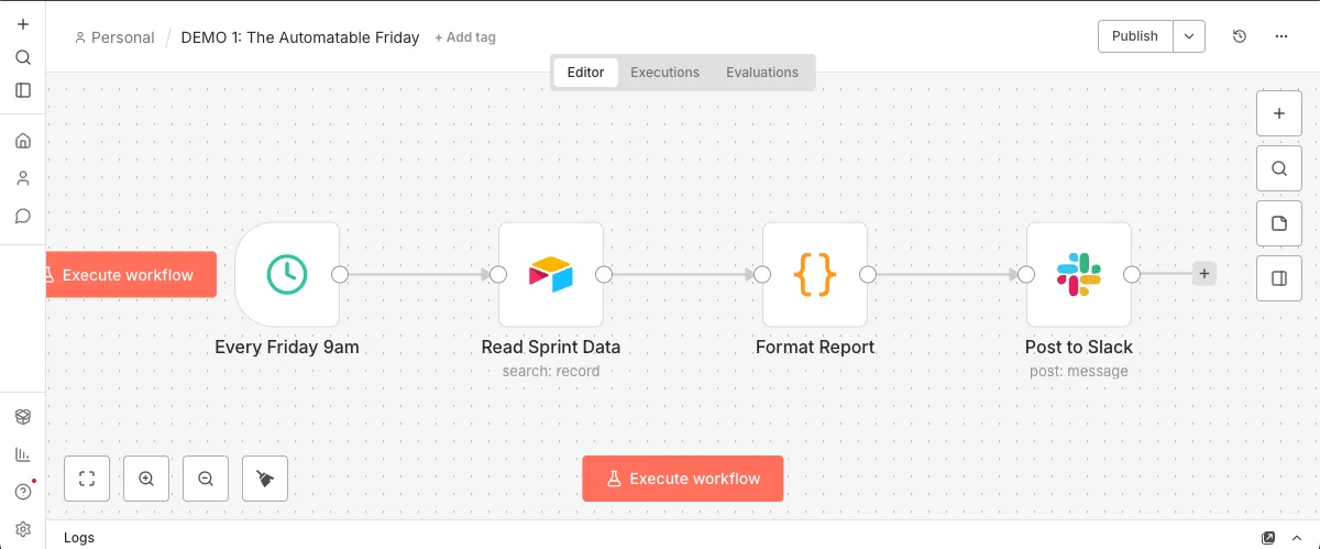 Workflow n8n de sprint report automatizado para product managers: Schedule Trigger cada viernes → Leer datos del sprint en Airtable → Formatear reporte con nodo Code → Publicar en canal de Slack